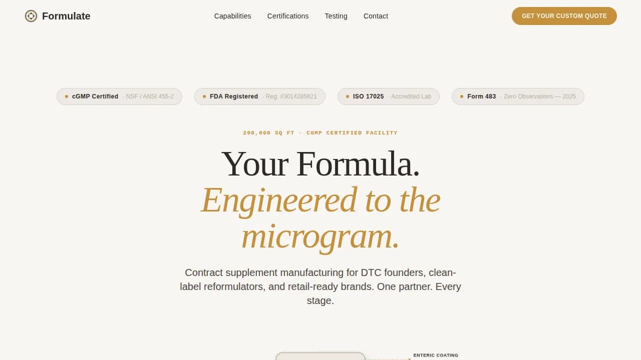 Compound — Precision Supplement Manufacturing Landing Page Template