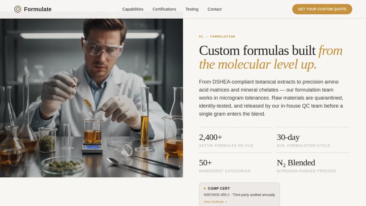Compound — Precision Supplement Manufacturing Landing Page Template