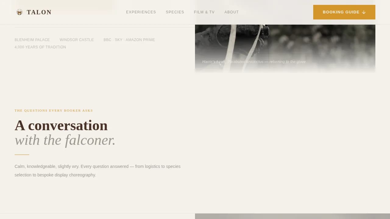Talon - Expert Falconer Booking Landing Page Template