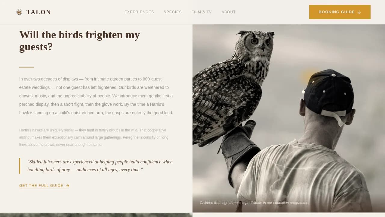 Talon - Expert Falconer Booking Landing Page Template