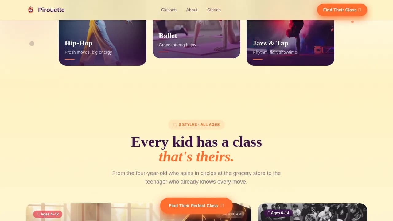 Pirouette — Exclusive Youth Performance Landing Page Template