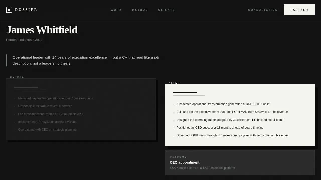 Dossier — Expert Executive Positioning Landing Page Template