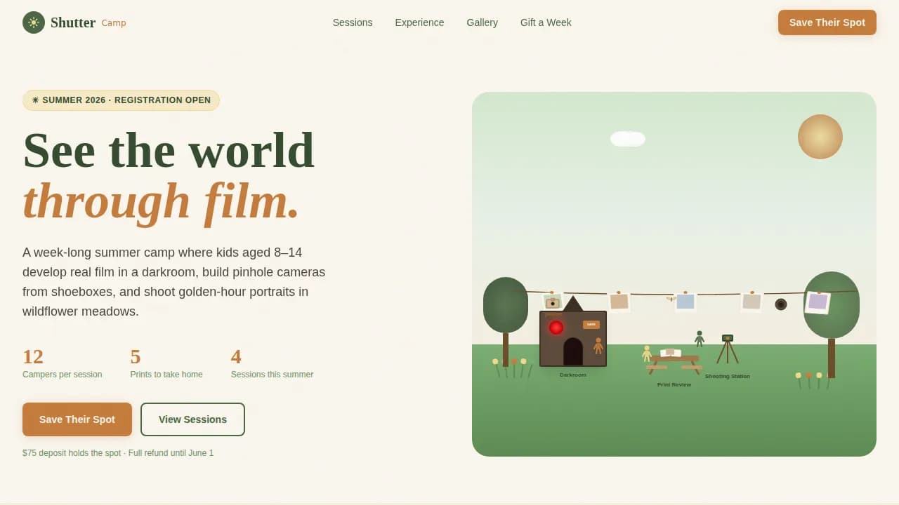 Lens — Artisan Kids Photo Camp Landing Page Template