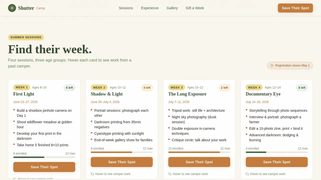 Lens — Artisan Kids Photo Camp Landing Page Template