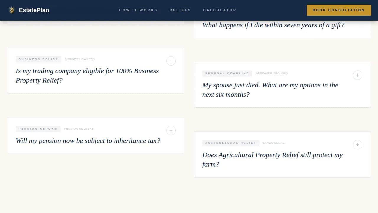 Estate & Succession Planning Cost Calculator Website Template