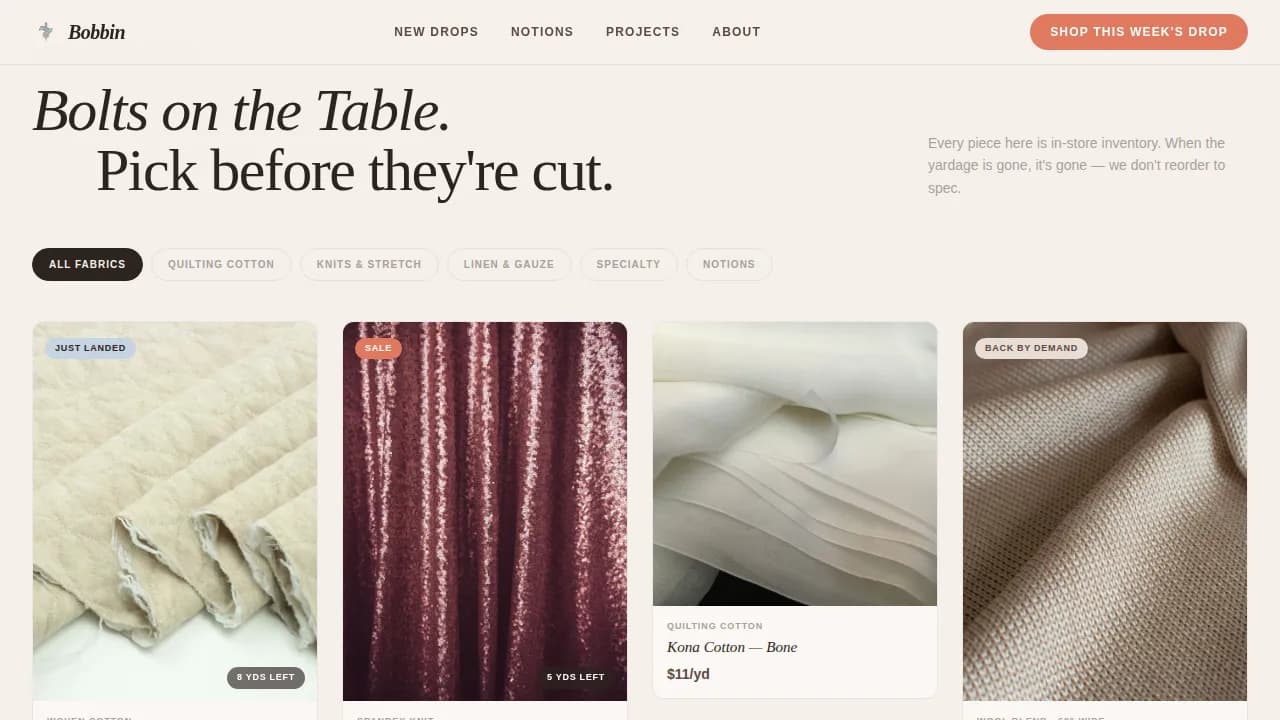 Bobbin — Premium Fabric Marketplace Landing Page Template