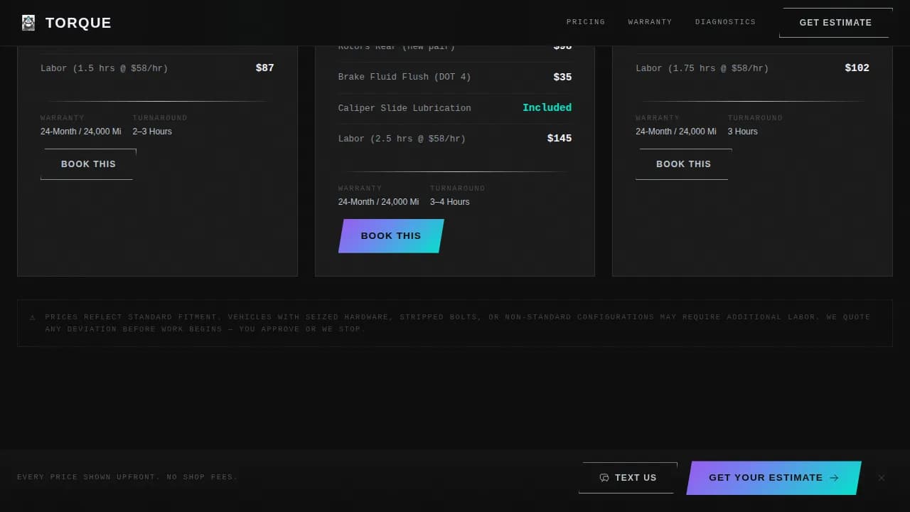 Auto Repair Shop Pricing Website Template