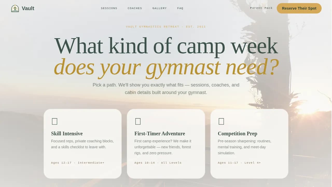 Vault — Adventure Gymnastics Retreat Landing Page Template