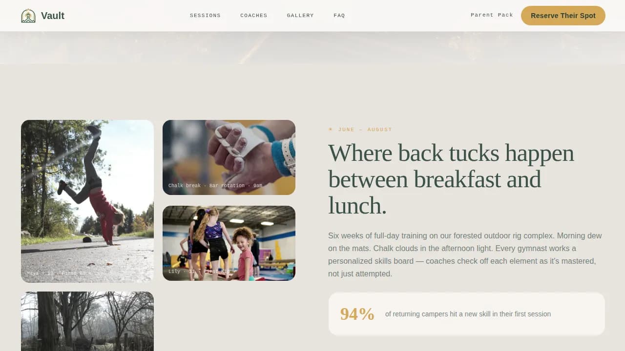 Vault — Adventure Gymnastics Retreat Landing Page Template