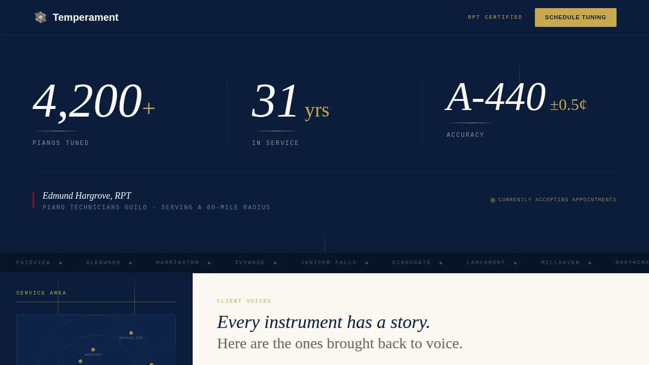 Harmony — Master Piano Technician Landing Page Template