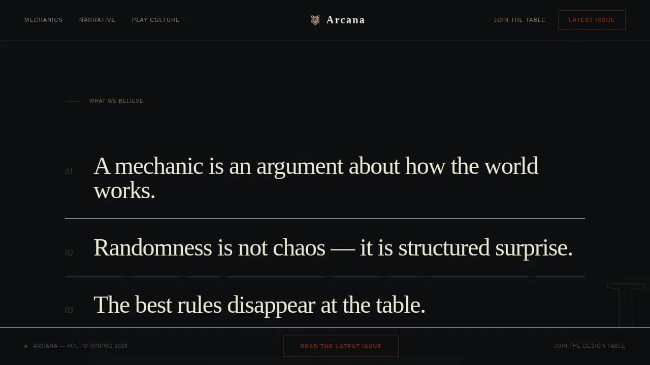 Arcana - Craft-Driven Tabletop RPG Design Blog Landing Page Template