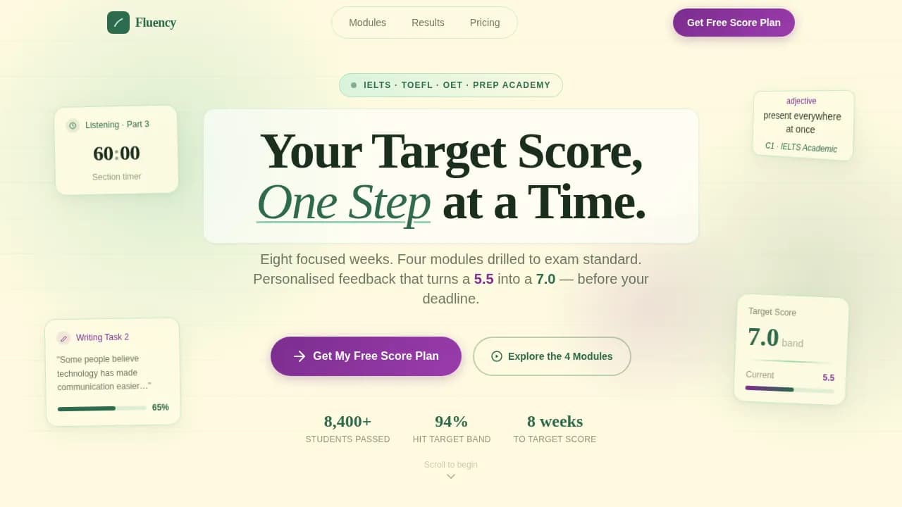 Fluency - Score-Boosting IELTS Prep Landing Page Template