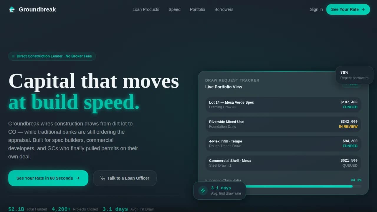 Groundbreak — Rapid Construction Lending Landing Page Template