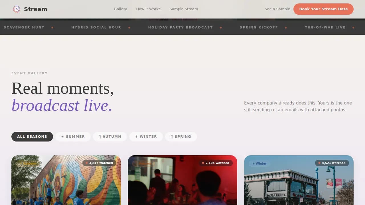 Broadcast — Interactive Team Experience Landing Page Template