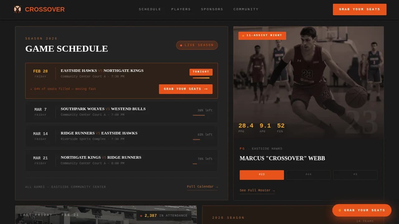 Semi-Pro Basketball League Ticket Sales Website Template