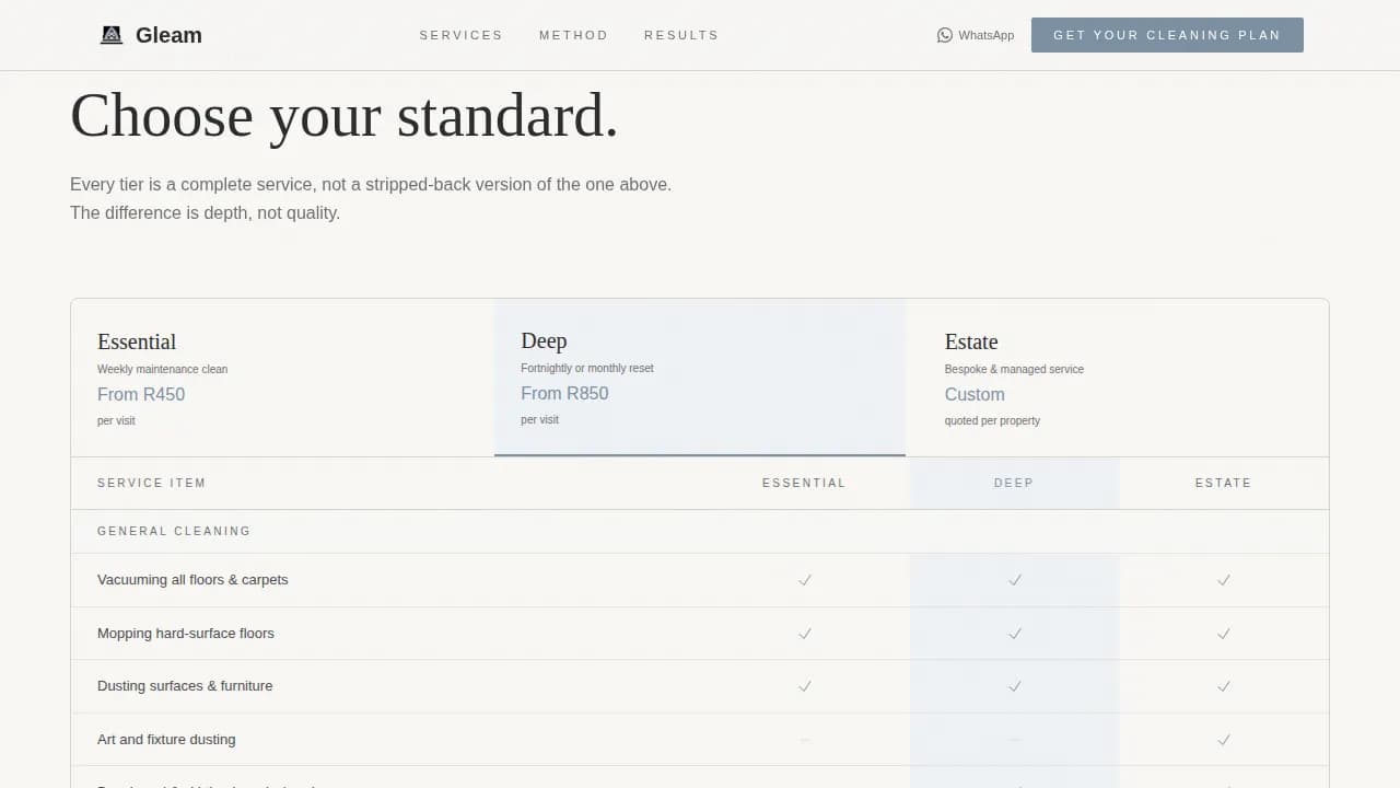 Gleam — Premium Cleaning Comparison Landing Page Template