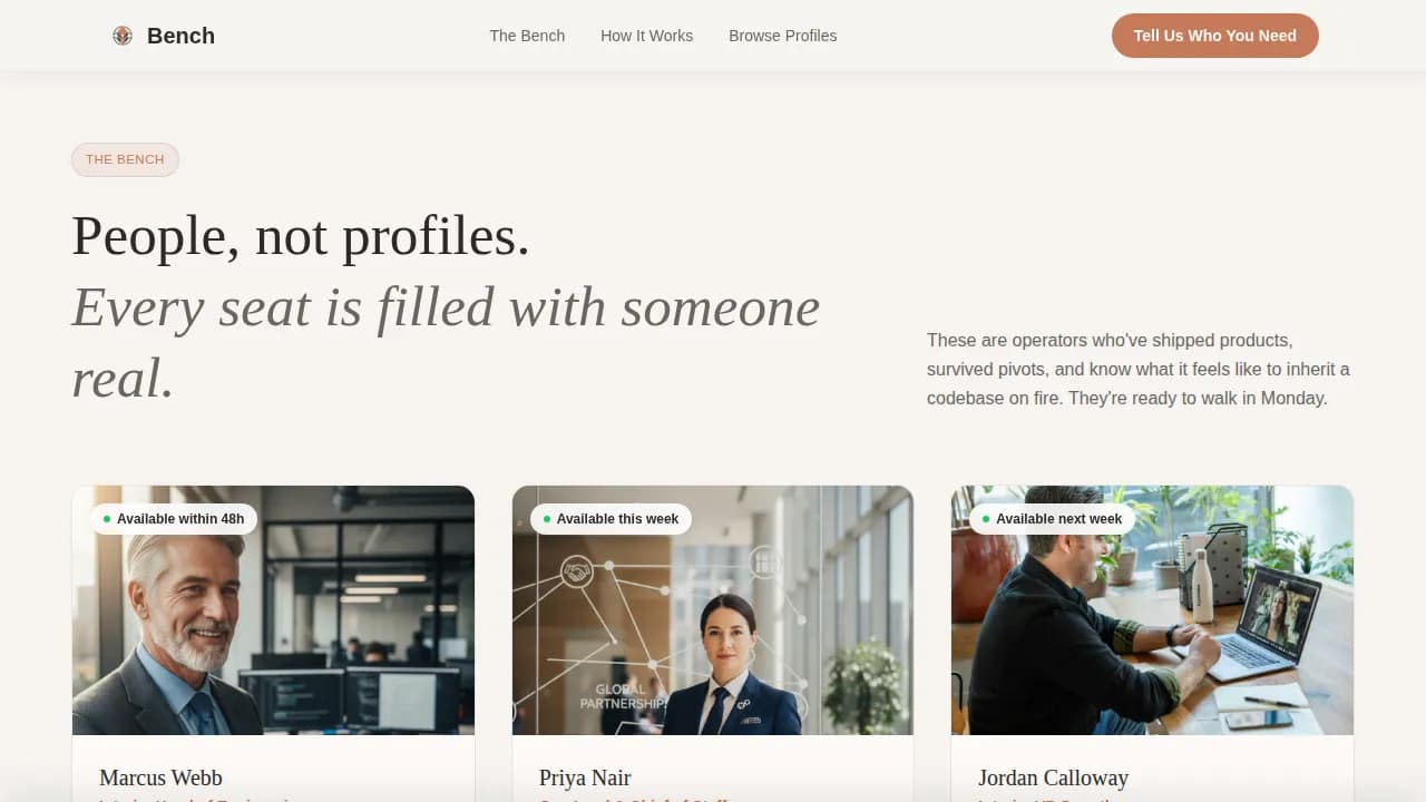 Bench - Curated Operator Staffing Landing Page Template