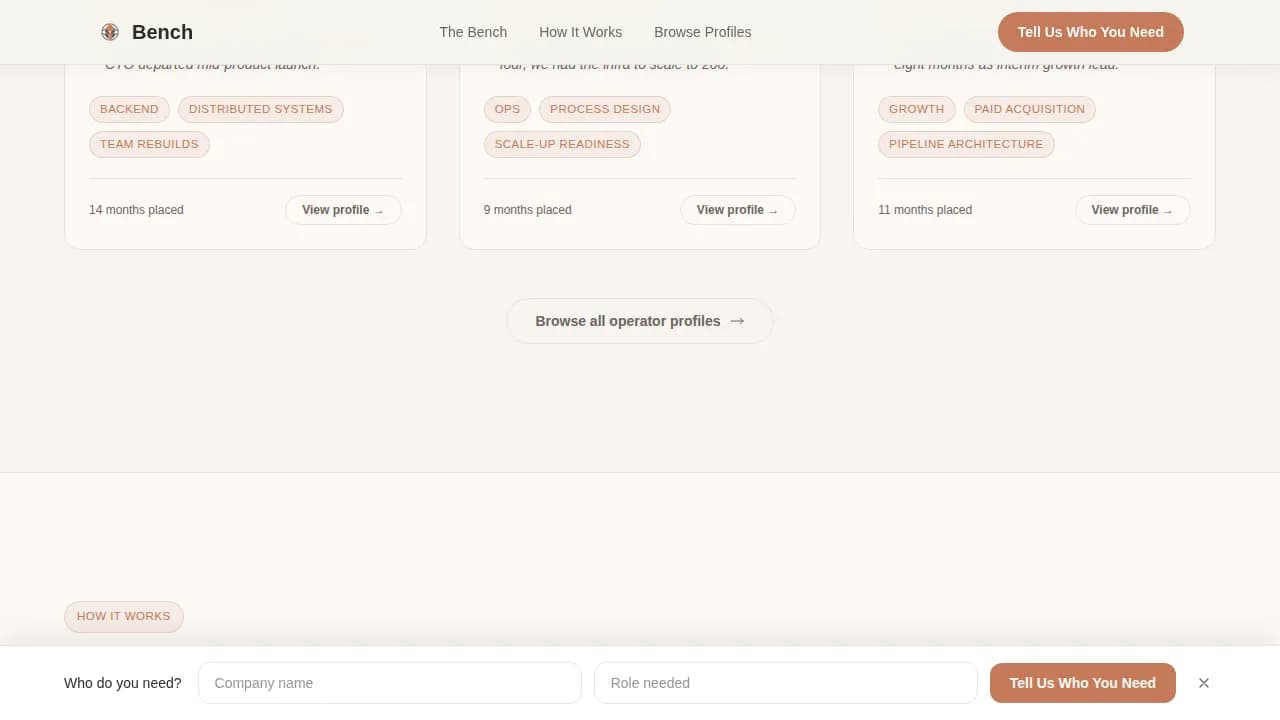 Bench - Curated Operator Staffing Landing Page Template