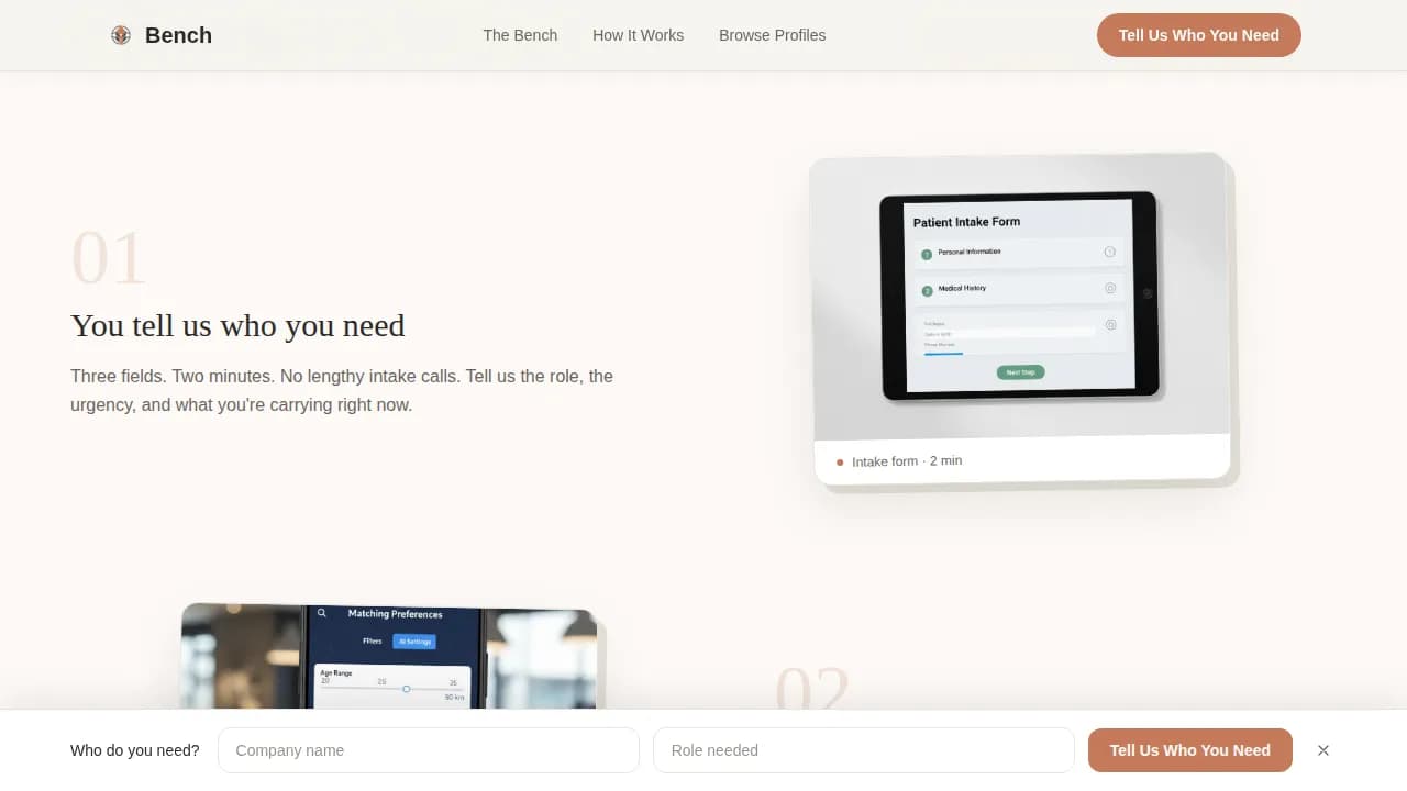 Bench - Curated Operator Staffing Landing Page Template