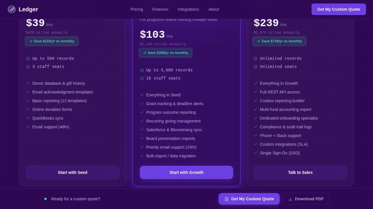 Ledger — Impactful Nonprofit Pricing Landing Page Template