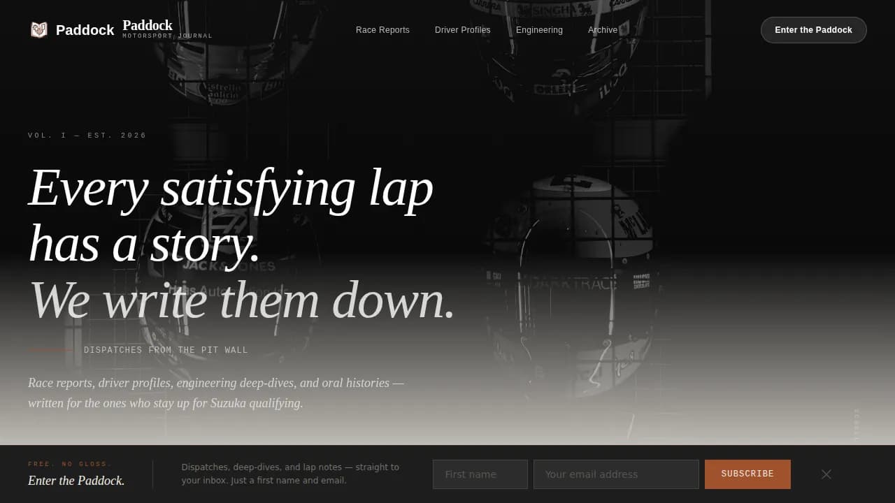 Paddock — Engaging Motorsport Blog Landing Page Template