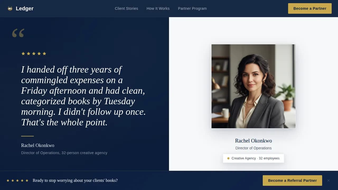 Tally — Trusted Bookkeeping Testimonials Landing Page Template