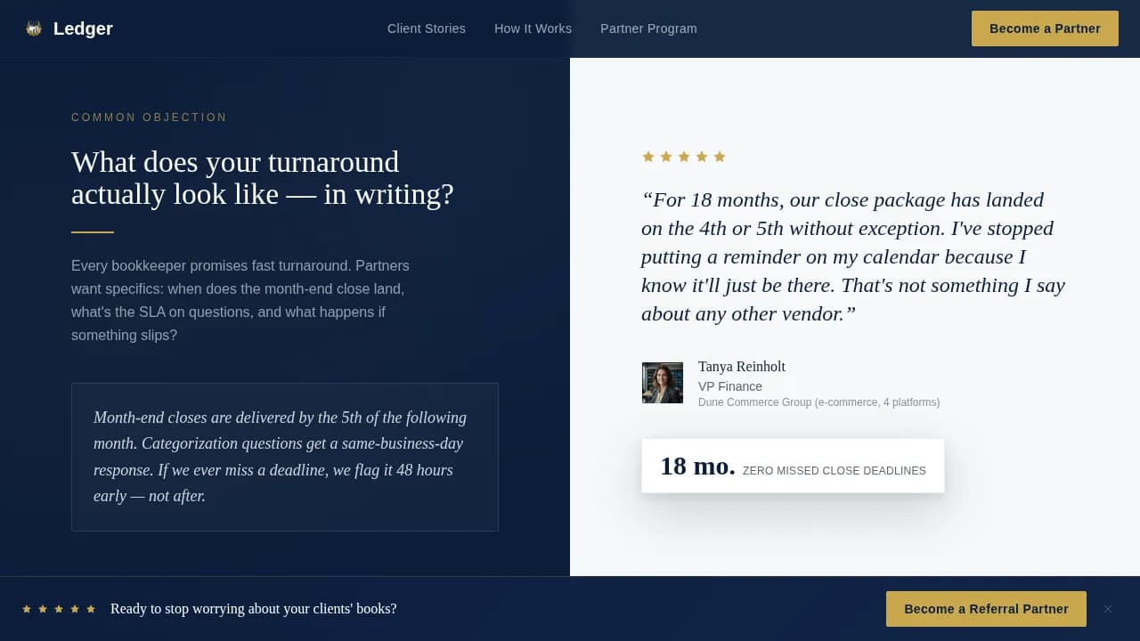 Tally — Trusted Bookkeeping Testimonials Landing Page Template