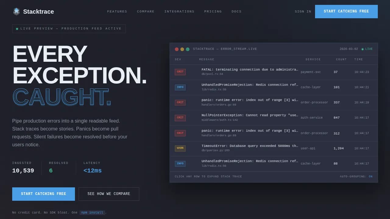 Stacktrace — Intelligent Code Diagnostics Landing Page Template