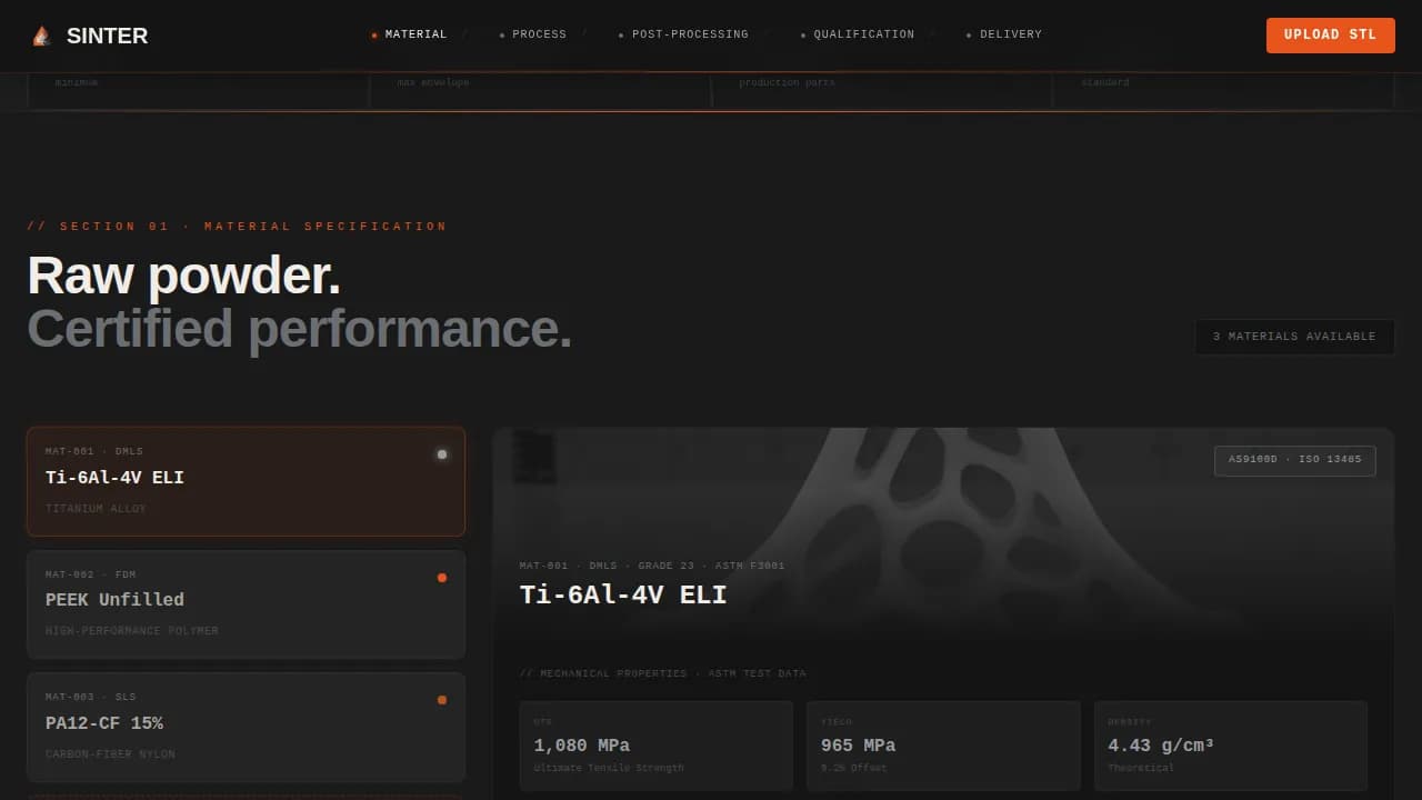 Sinter — Expert 3D Manufacturing Landing Page Template