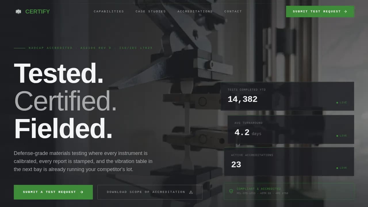 Certify — Defense Testing Lab Landing Page Template
