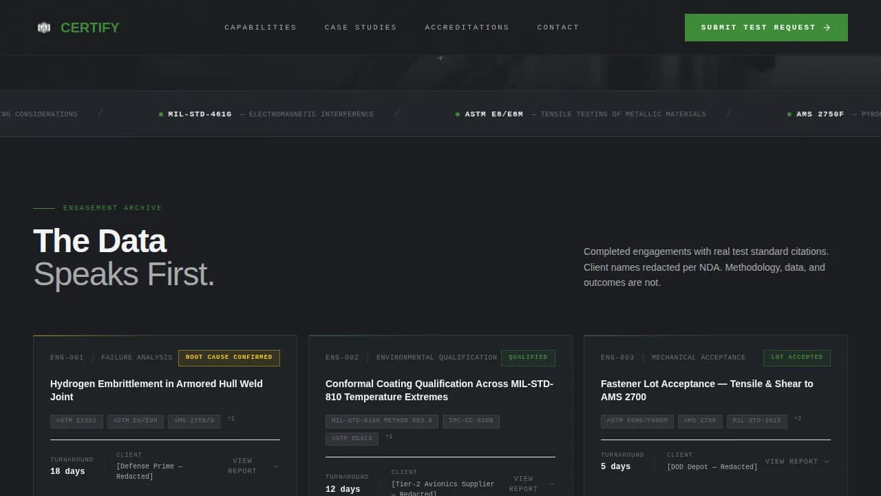 Certify — Defense Testing Lab Landing Page Template