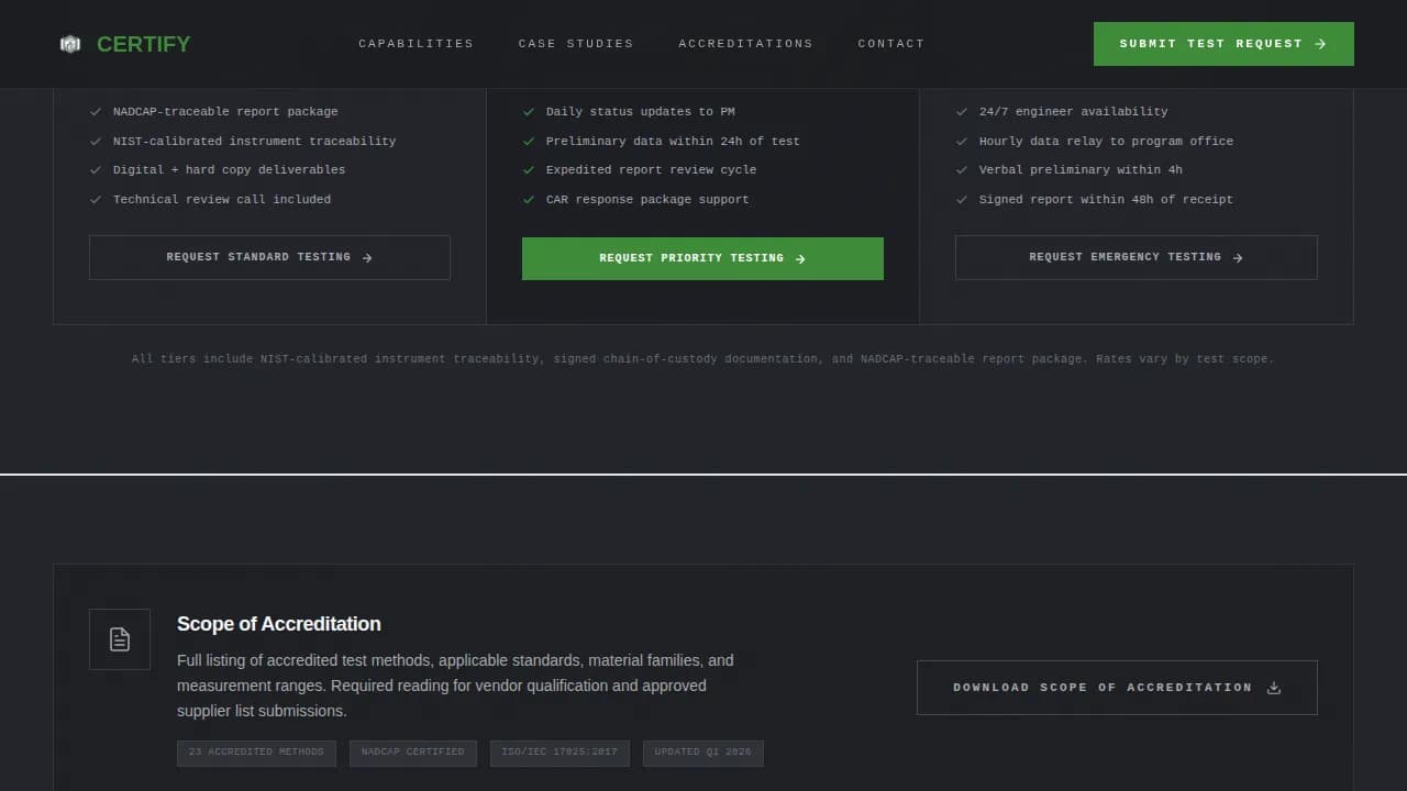 Certify — Defense Testing Lab Landing Page Template