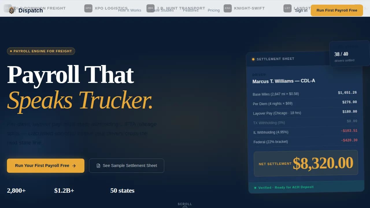 Dispatch - Powerful Freight Payroll Landing Page Template
