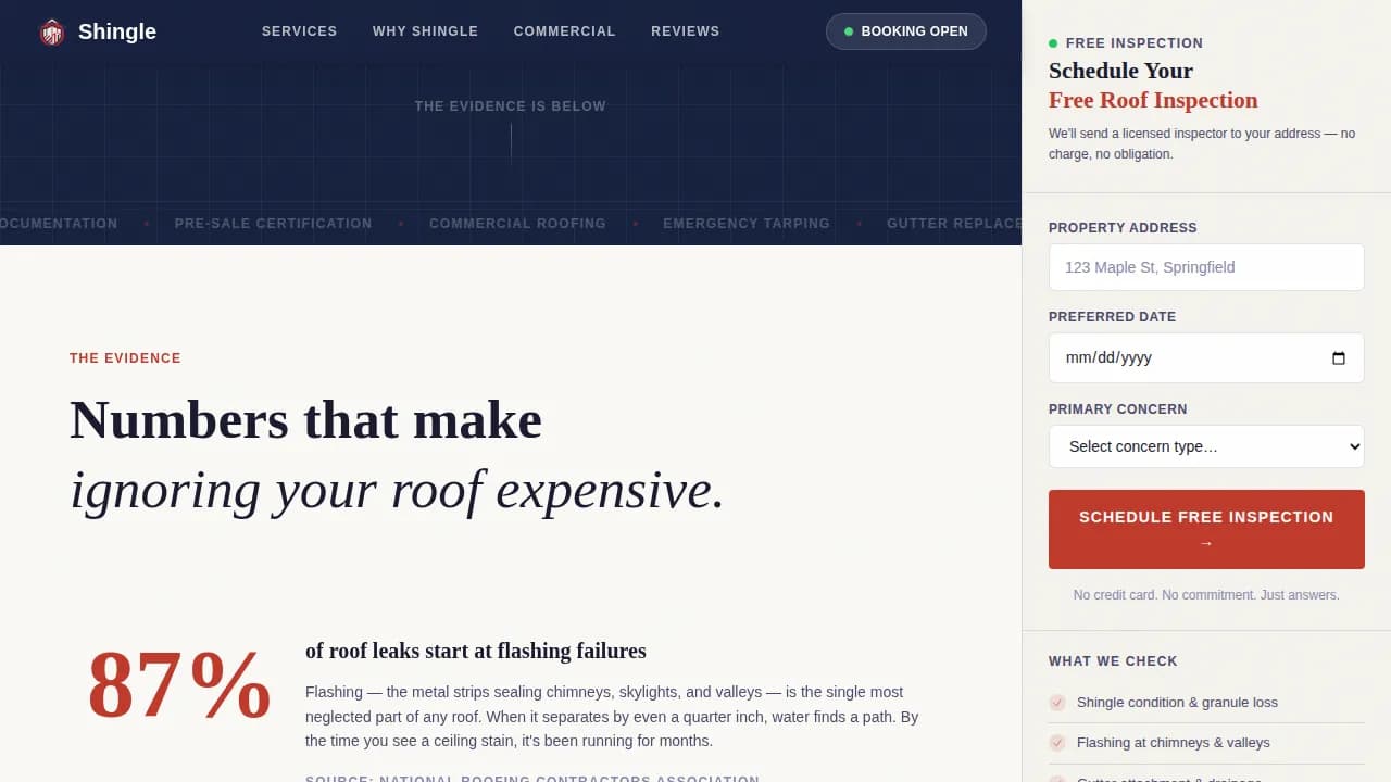 Shingle — Data-Driven Roofing Solutions Landing Page Template