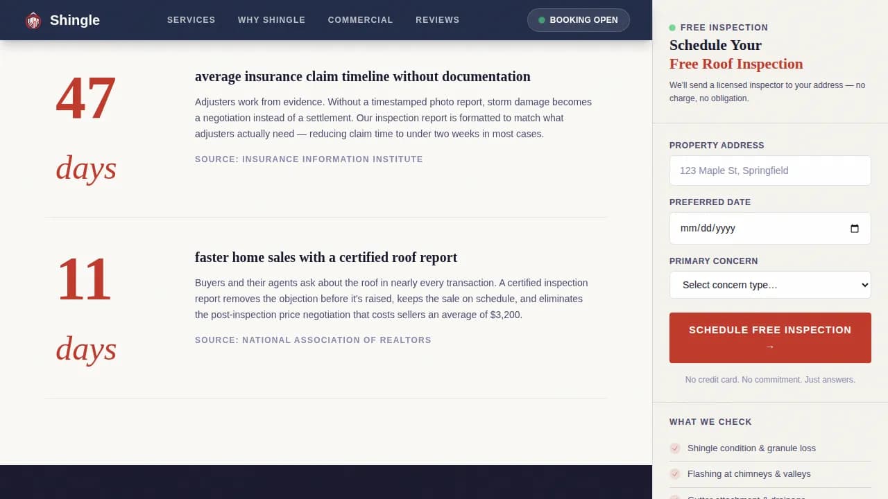 Shingle — Data-Driven Roofing Solutions Landing Page Template