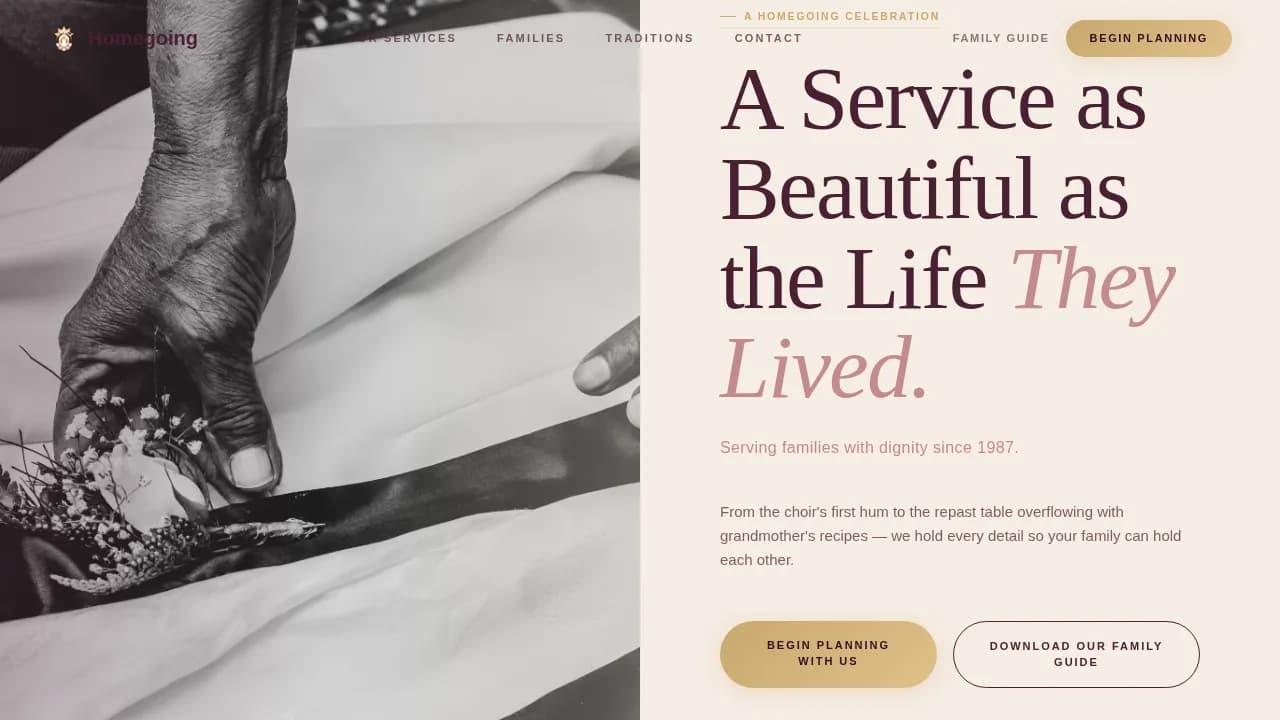 Homegoing — Compassionate Funeral Services Landing Page Template