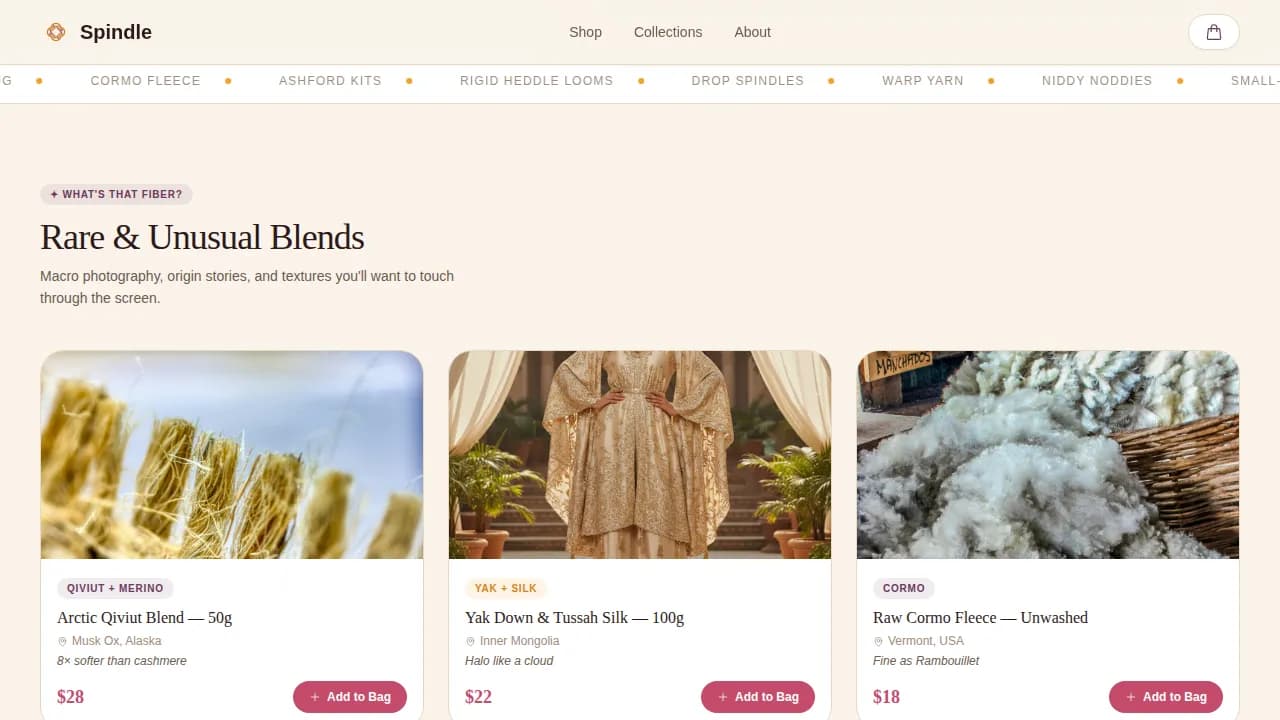 Spindle — Bespoke Textile Materials Landing Page Template