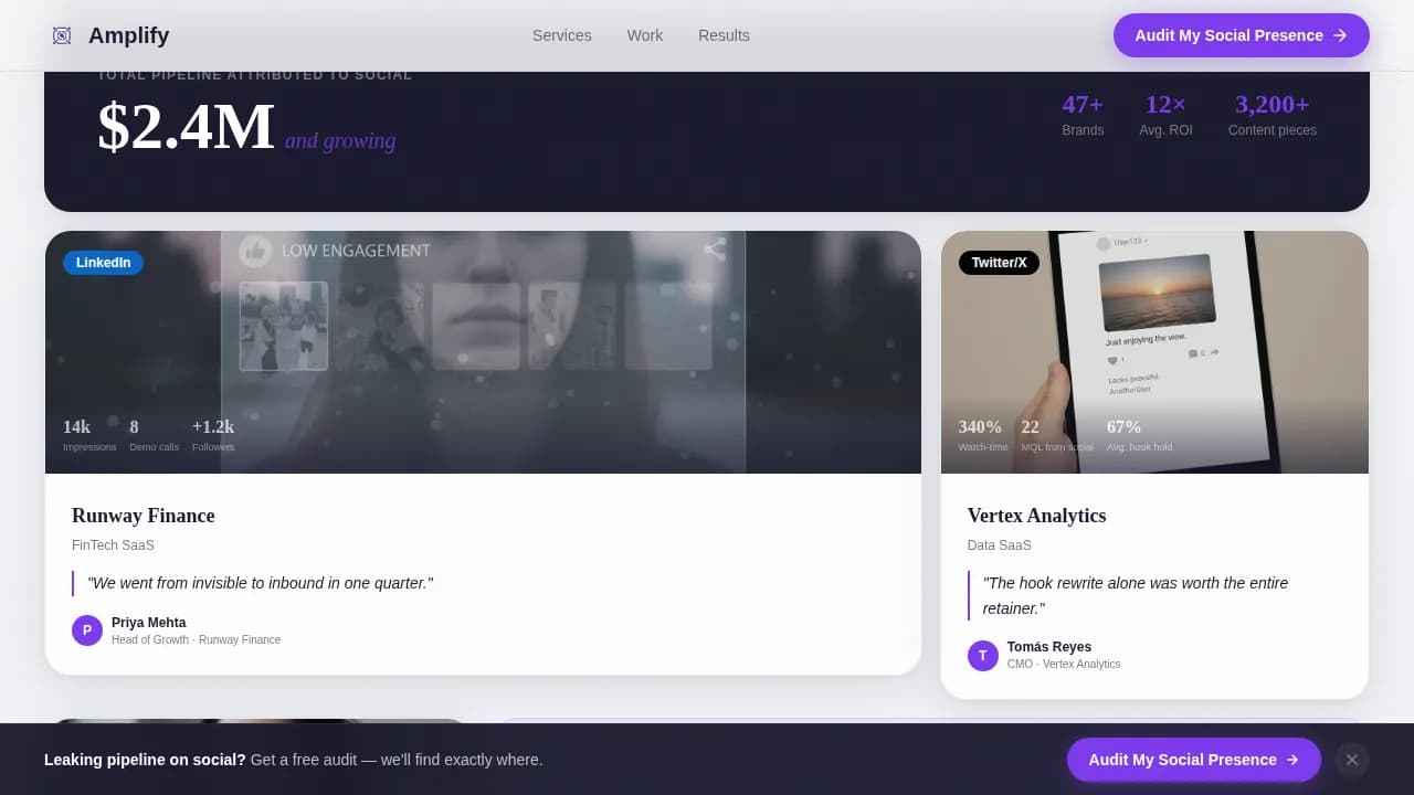 Amplify - High-Converting SaaS Social Media Agency Landing Page Template
