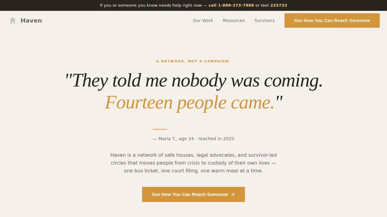 Haven — Survivor-Led Anti-Trafficking Mutual Aid Network Landing Page Template