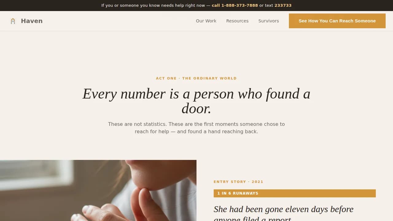 Haven — Survivor-Led Anti-Trafficking Mutual Aid Network Landing Page Template
