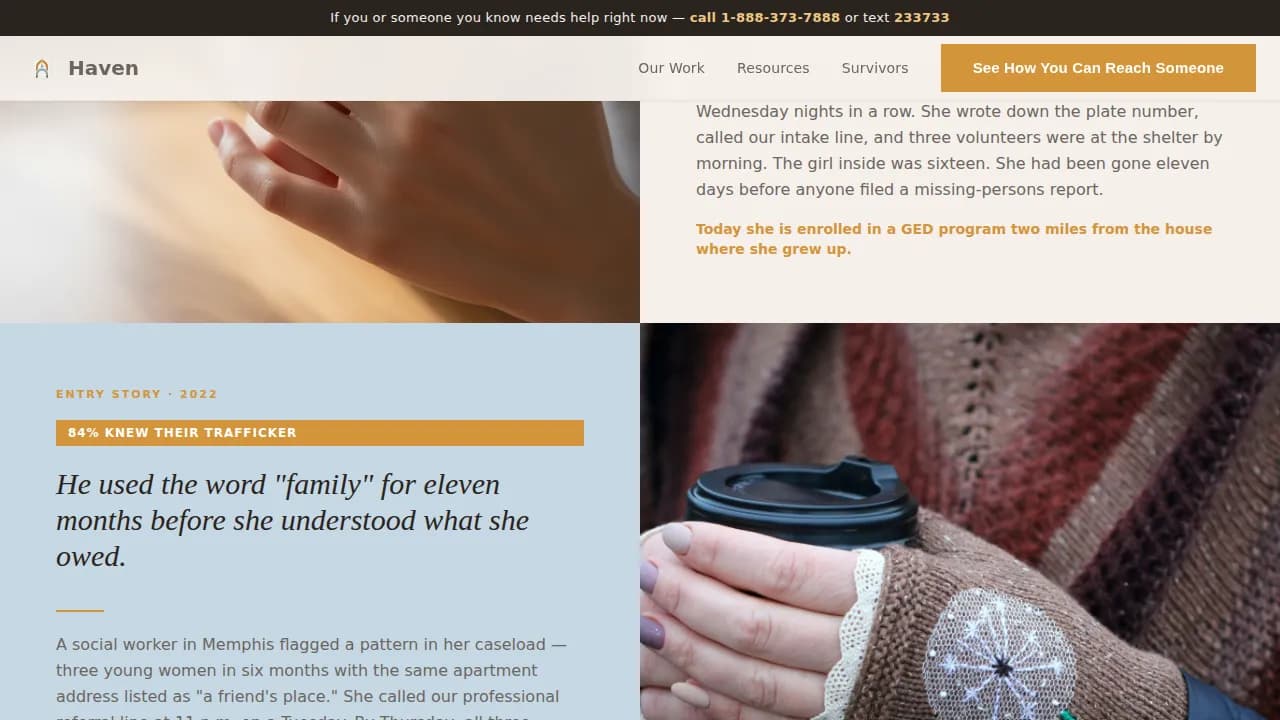 Haven — Survivor-Led Anti-Trafficking Mutual Aid Network Landing Page Template