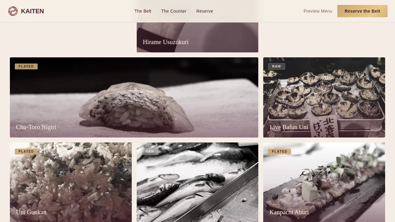 Kaiten — Artisan Sushi Experience Landing Page Template