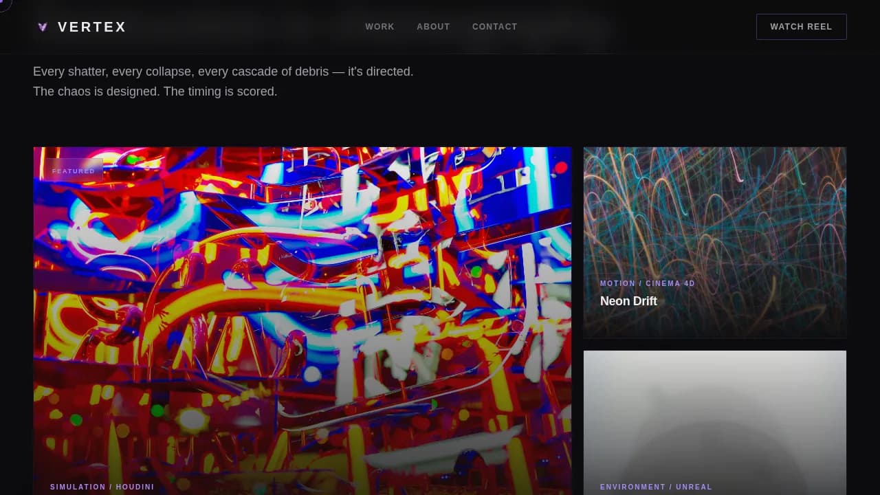 Vertex - Immersive 3D Artist Video Portfolio Landing Page Template
