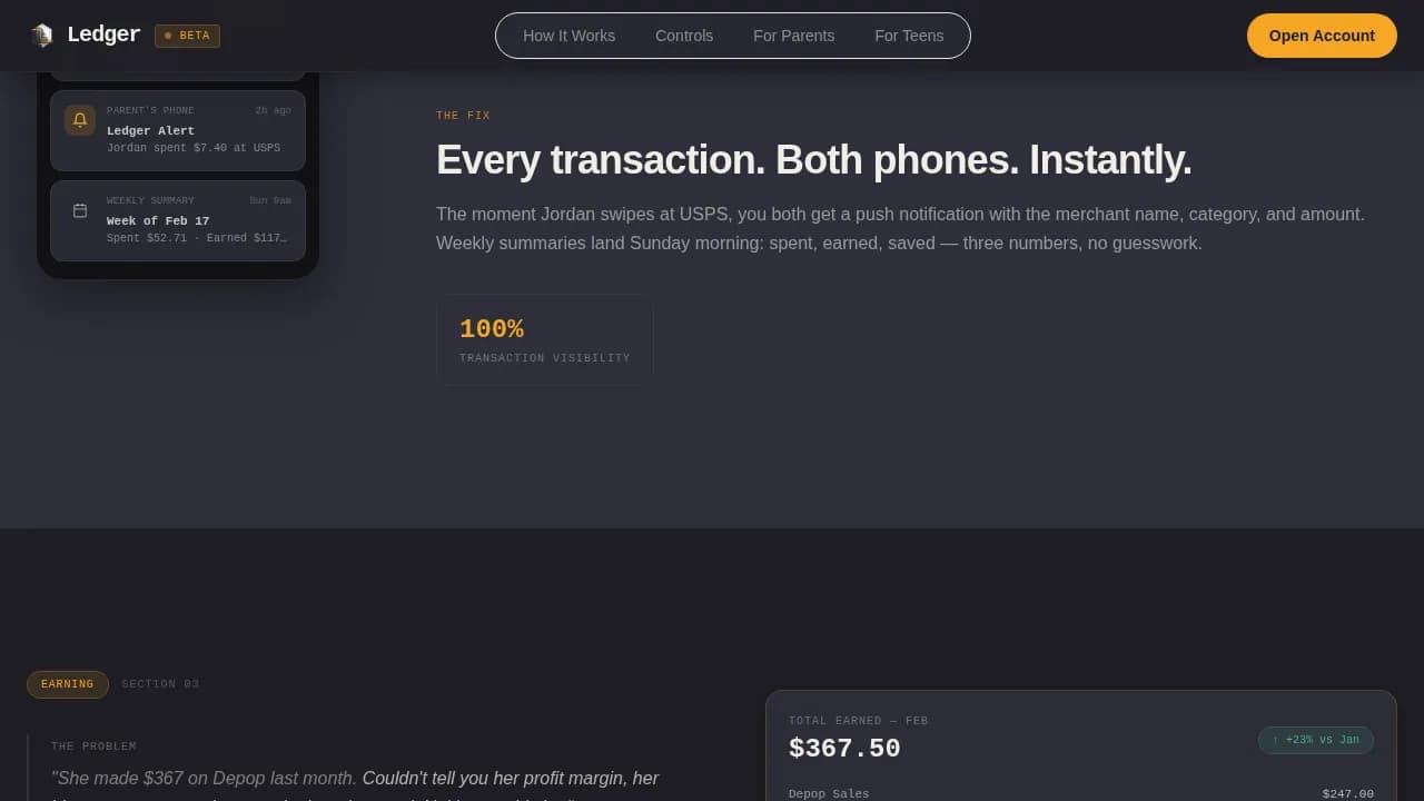 Ledger Teen Finance Dashboard Landing Page Template