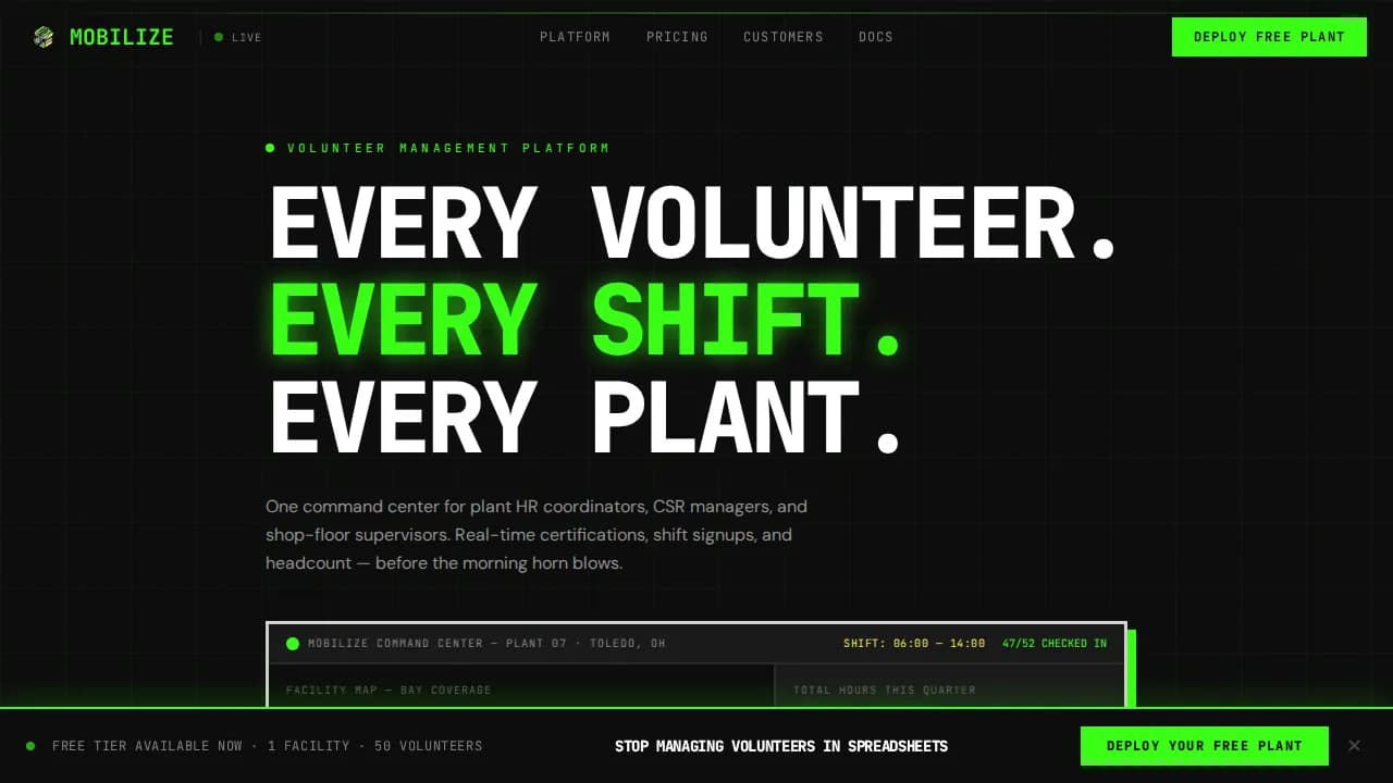 Mobilize — Robust Manufacturing Volunteer Landing Page Template
