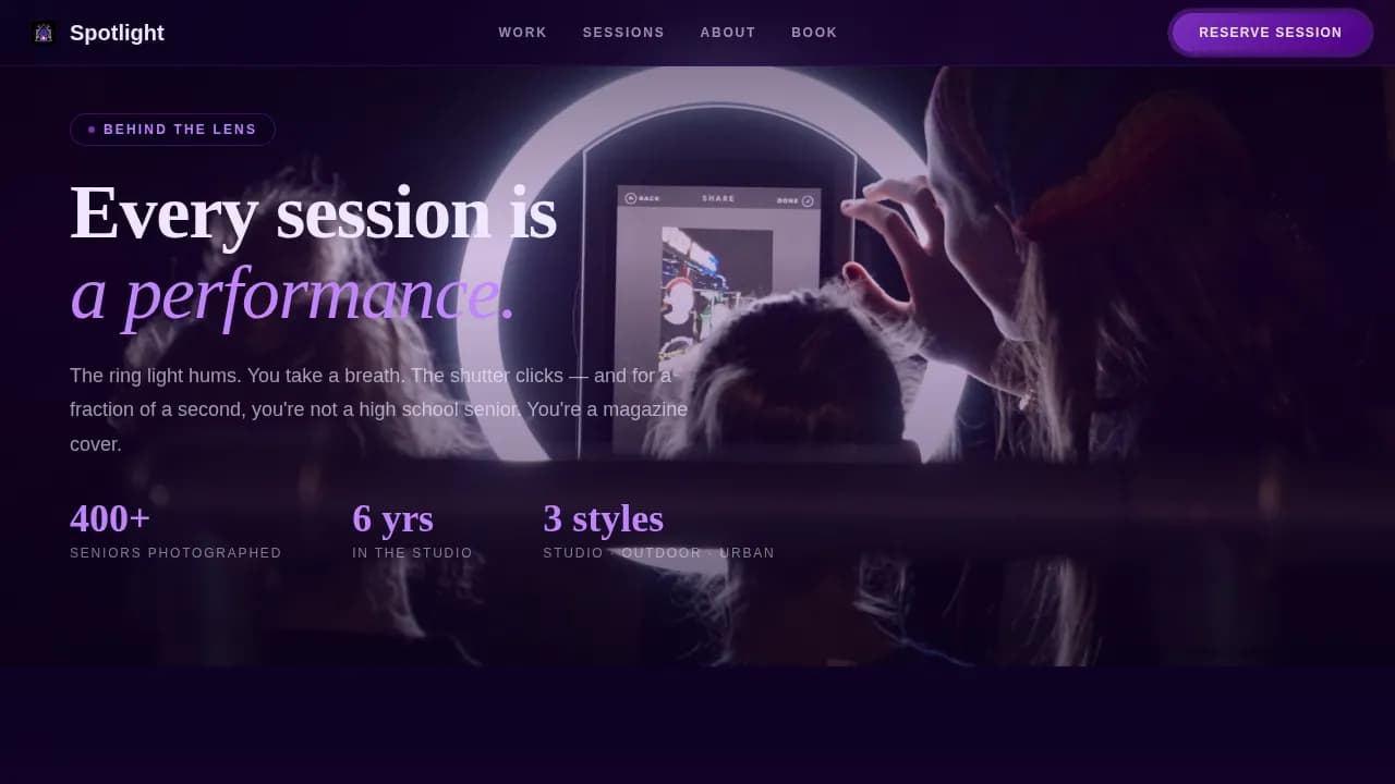Showcase — Immersive Senior Photography Landing Page Template