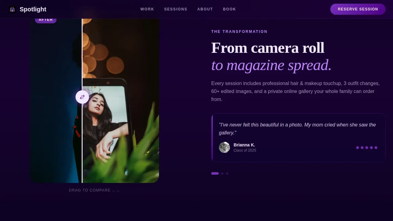 Showcase — Immersive Senior Photography Landing Page Template