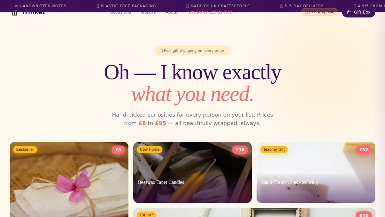 Trinket - Curated Gift Discovery Landing Page Template