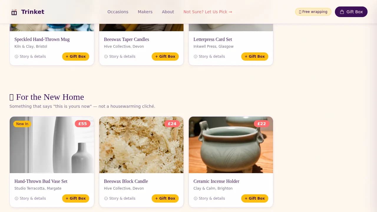 Trinket - Curated Gift Discovery Landing Page Template
