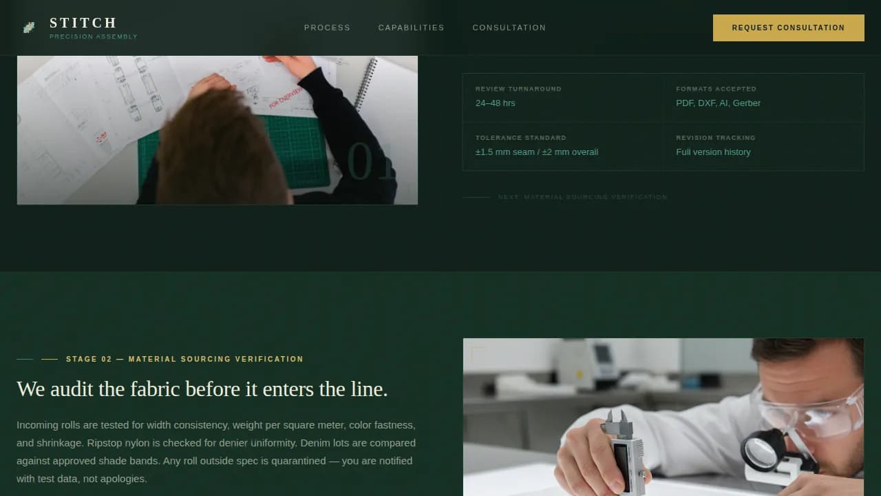 Stitch — Advanced Textile Manufacturing Landing Page Template